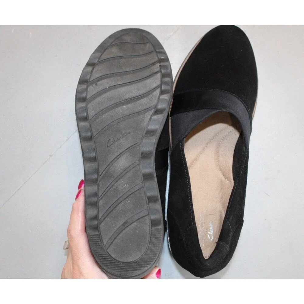 Clarks Sharon Pump Black‎ Suede Slip On Comfort Loafers Womens Size 10 Wedge